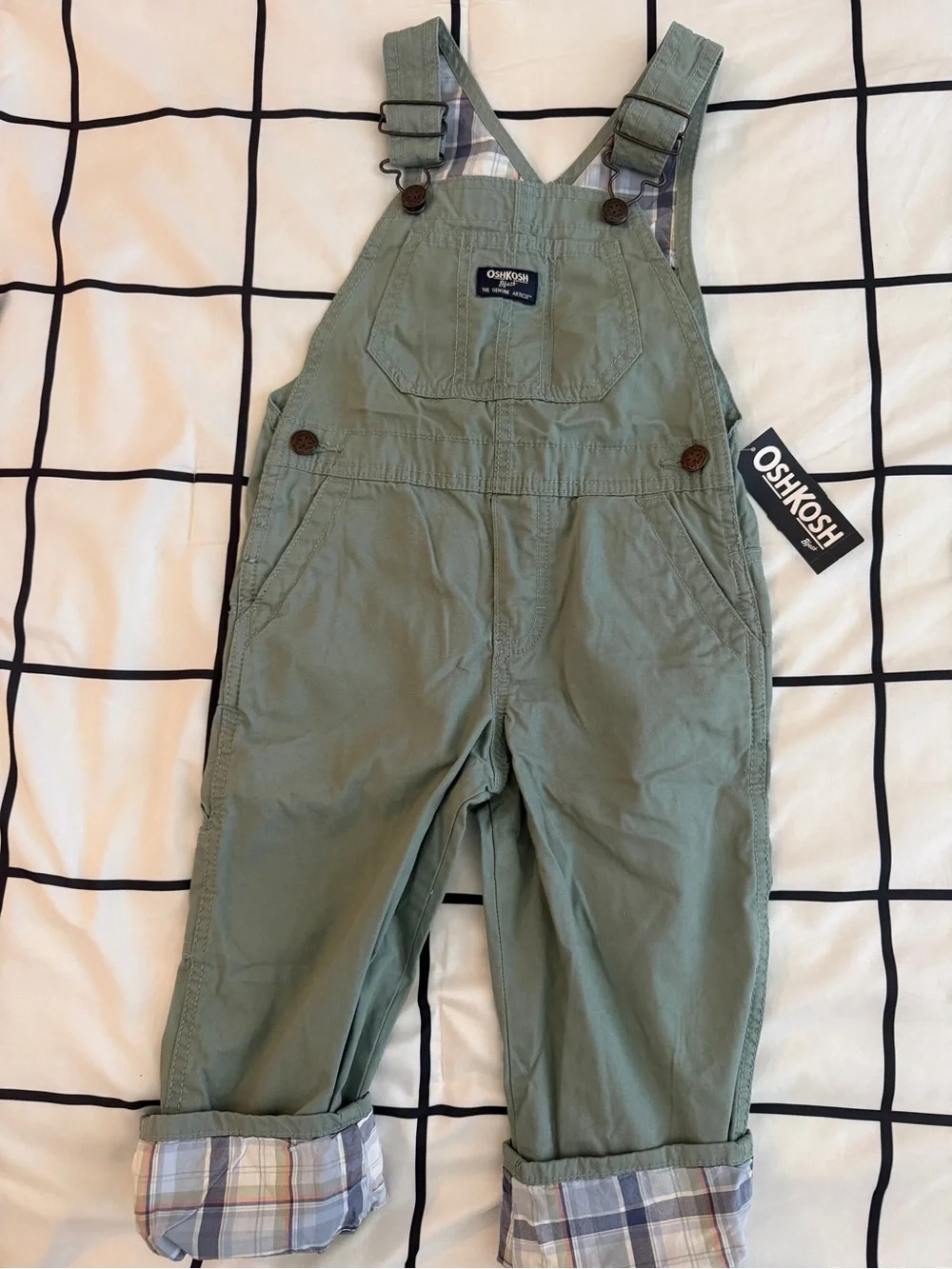 OshKosh B'gosh Sage Green Kids Overalls with Plaid Cuffs